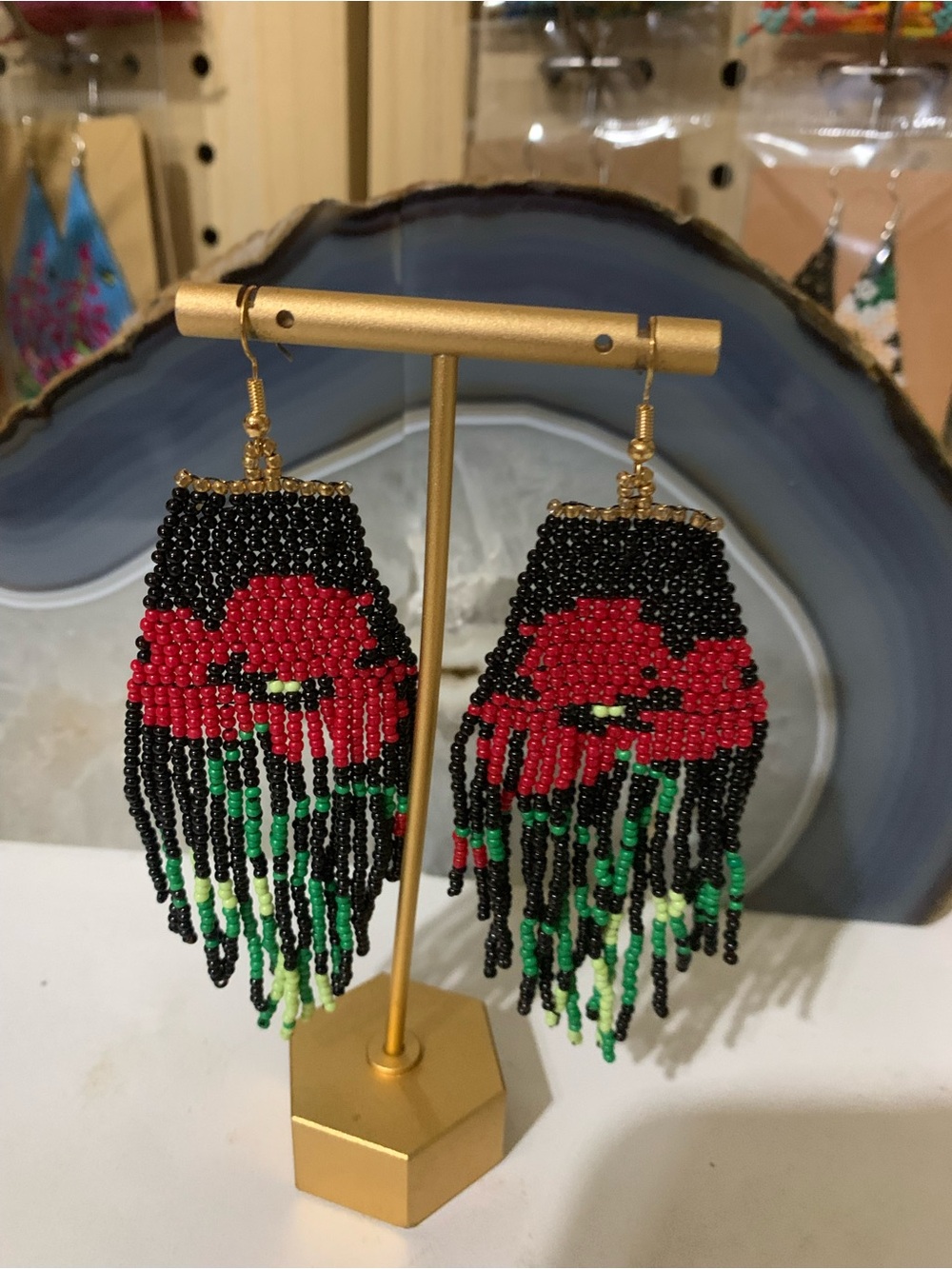 Handmade Black and Red Beaded Fringe Poppy Earrings - Floral Statement